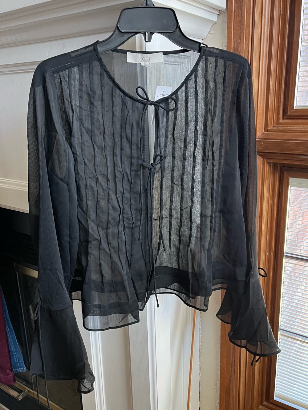 LOFT Black Sheer Pintucked Bow Tie Long Sleeve Blouse with Bell-Shaped Cuffs